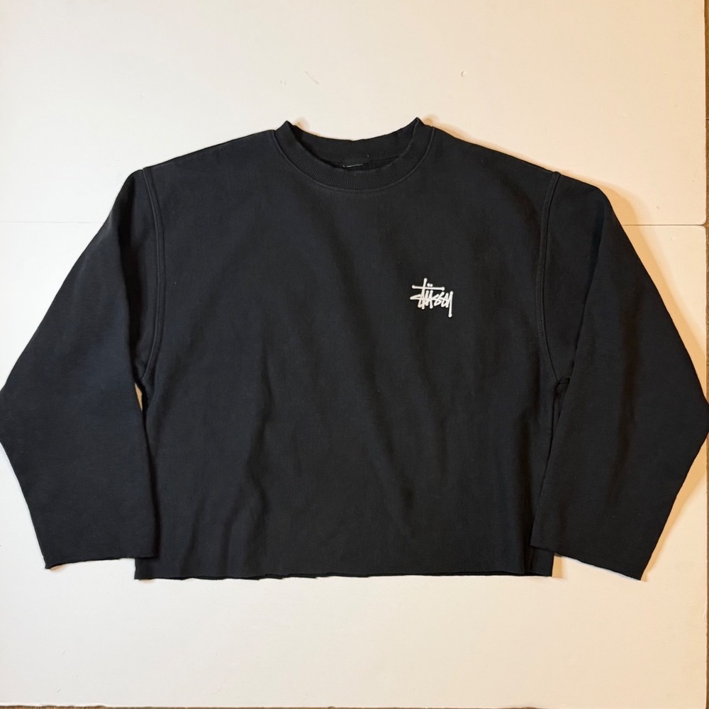 Stussy Logo Sweatshirt Mens L Black Raw Hem Cropped